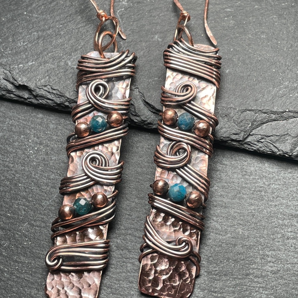 Long Copper and Teal Apatite Crystal Swirling Wire Wrapped Dangle Boho Earrings - Picture 3 of 11